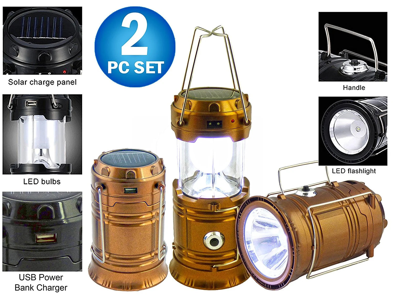 2 Solar Collapsible LED Lantern 3-In-1 Rechargeable, Flashlight & USB Power Bank - Portable, Bright, Eco-Friendly - Camping, Outdoor Activities, Emergencies (Copper)
