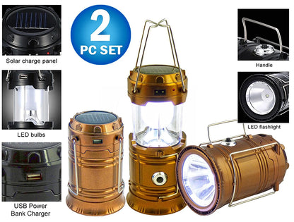 2 Solar Collapsible LED Lantern 3-In-1 Rechargeable, Flashlight & USB Power Bank - Portable, Bright, Eco-Friendly - Camping, Outdoor Activities, Emergencies (Copper)