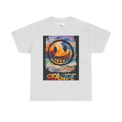 Seaside Smiley Face Tee, Unisex Heavy Cotton Tee, Vibrant Graphic Shirt, Casual Beachwear, Summer Vibes, Fun Gift Idea