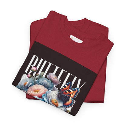 Butterfly Blooms Heavy Cotton Tee - Floral Graphic Shirt, Unisex Gift for Nature Lovers, Birthday, Everyday Wear, Casual Style