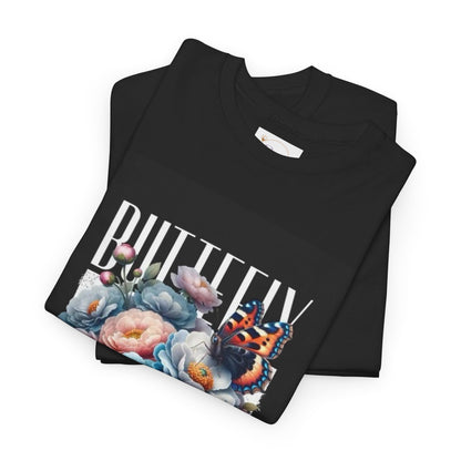 Butterfly Blooms Heavy Cotton Tee - Floral Graphic Shirt, Unisex Gift for Nature Lovers, Birthday, Everyday Wear, Casual Style