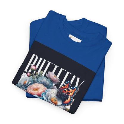 Butterfly Blooms Heavy Cotton Tee - Floral Graphic Shirt, Unisex Gift for Nature Lovers, Birthday, Everyday Wear, Casual Style