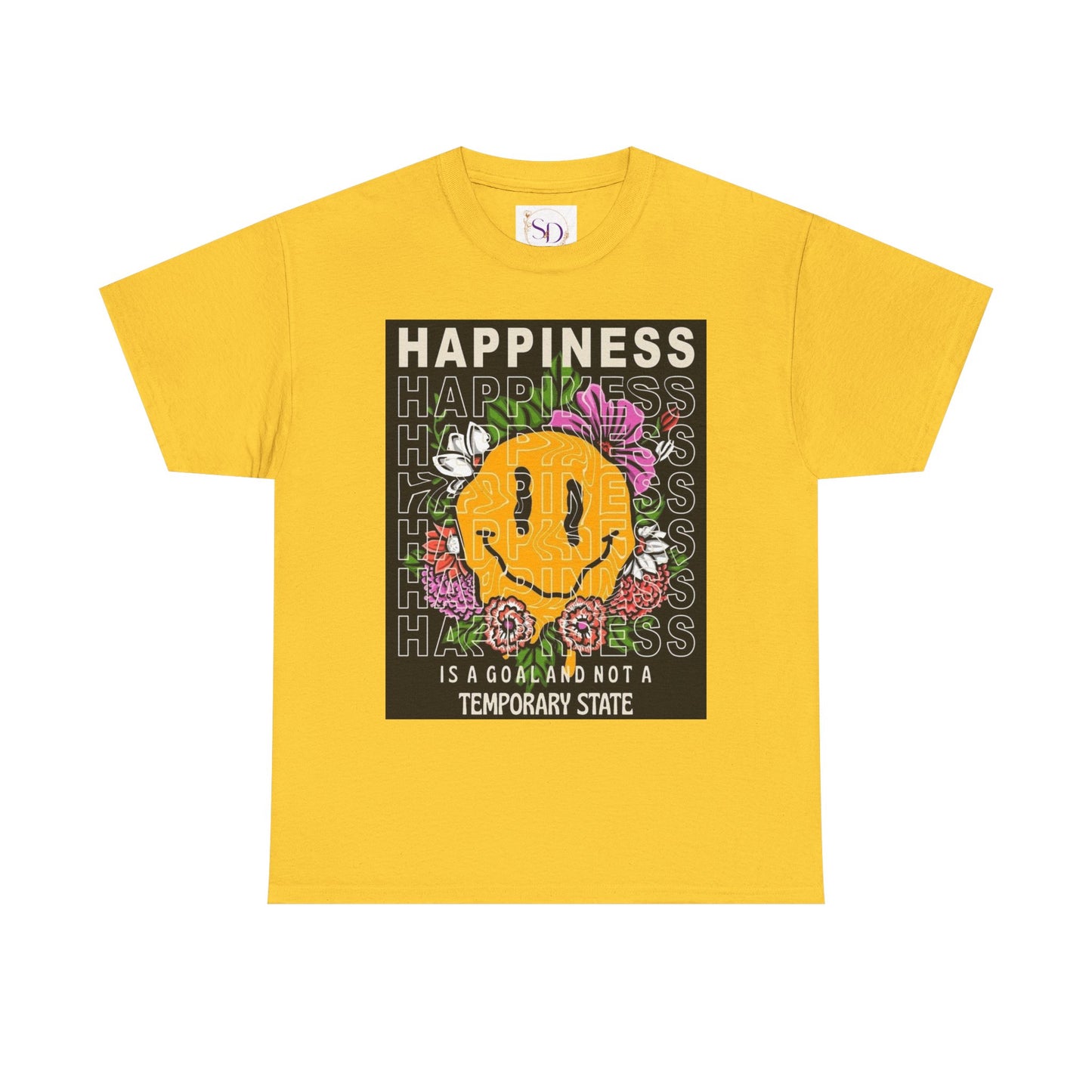 Happiness Floral Unisex Heavy Cotton Tee, Positive Vibes Shirt, Casual Wear, Gift Idea for Friends, Summer Essentials