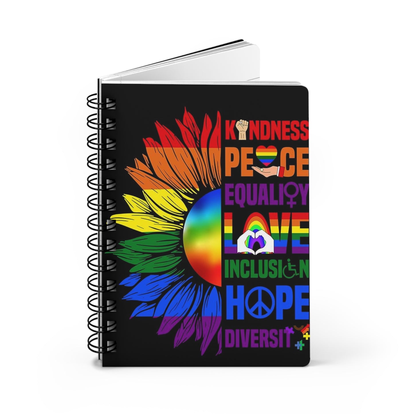 Rainbow Kindness ~ Diversity Spiral Bound Journal ~ LGBTQ Affirmation Notebook, Inspirational Writing Pad, Gratitude Journal, Peace ~ Love