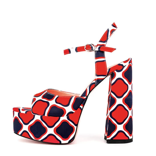 High Chunky Heels Thick Platform Sandals Floral Print Silk Upper Ladies Dress Shoes Custom Logo