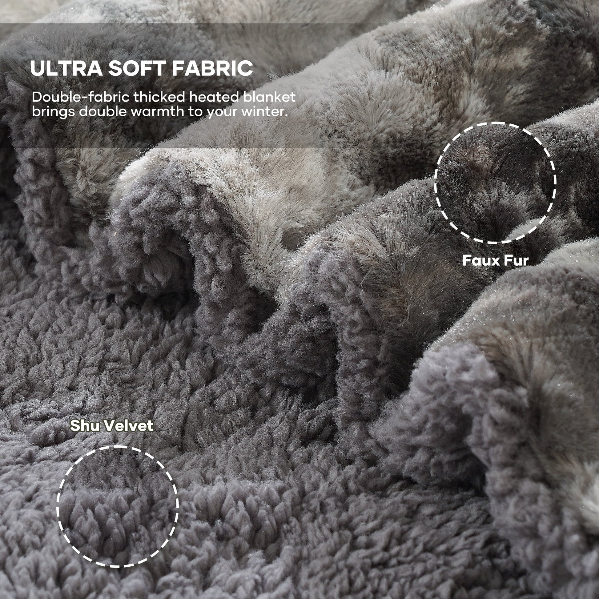 Electric Throw Blanket 50" X 60", Soft Faux Fur Heated Blanket with Large LED Display, 6 Heating Levels, 4 Hours Timer , Tie-Dye Gray