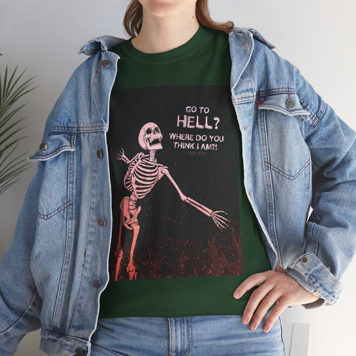Skeleton Graphic Tee: "Go To Hell?" Unisex Heavy Cotton T-Shirt
