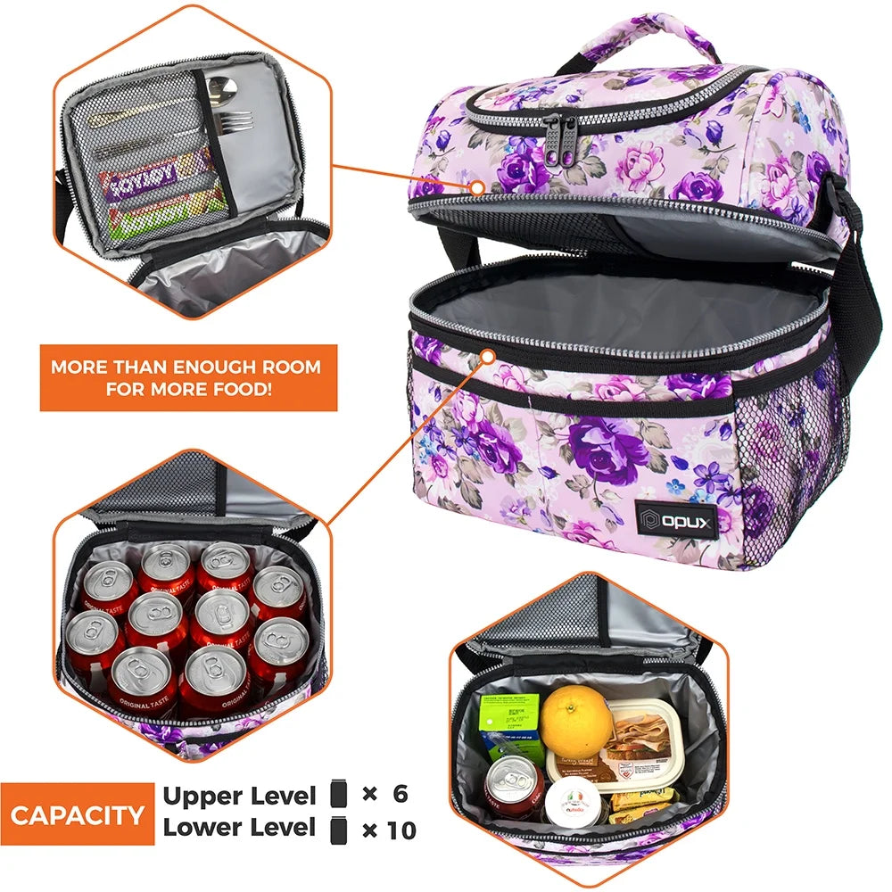 Lunch Box for Women, Insulated Large Lunch Bag Adult Work, Double Decker Lunchbox Meal Prep, Dual Compartment Leakproof Lunch Cooler, Soft Lunch Pail Tote for Girls Kids School, Floral Purple