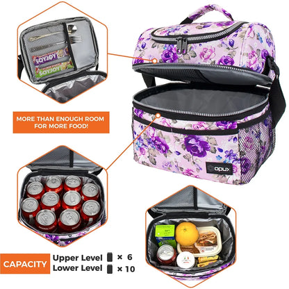 Lunch Box for Women, Insulated Large Lunch Bag Adult Work, Double Decker Lunchbox Meal Prep, Dual Compartment Leakproof Lunch Cooler, Soft Lunch Pail Tote for Girls Kids School, Floral Purple