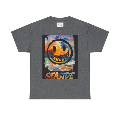 Seaside Smiley Face Tee, Unisex Heavy Cotton Tee, Vibrant Graphic Shirt, Casual Beachwear, Summer Vibes, Fun Gift Idea