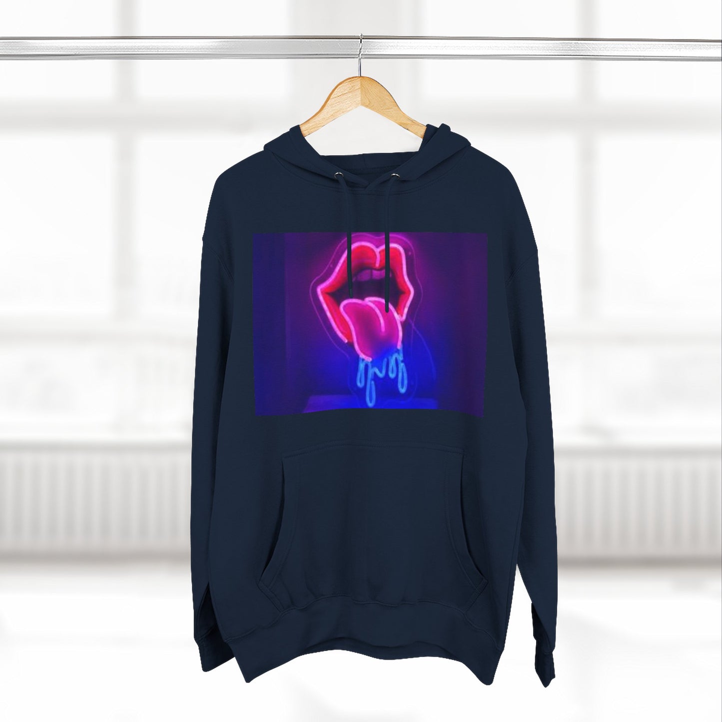 Vibrant Neon Lips Hoodie, Funky Graphic Fleece Pullover, Edgy Streetwear, Cozy Casual Style, Perfect for Parties, Unisex Gift