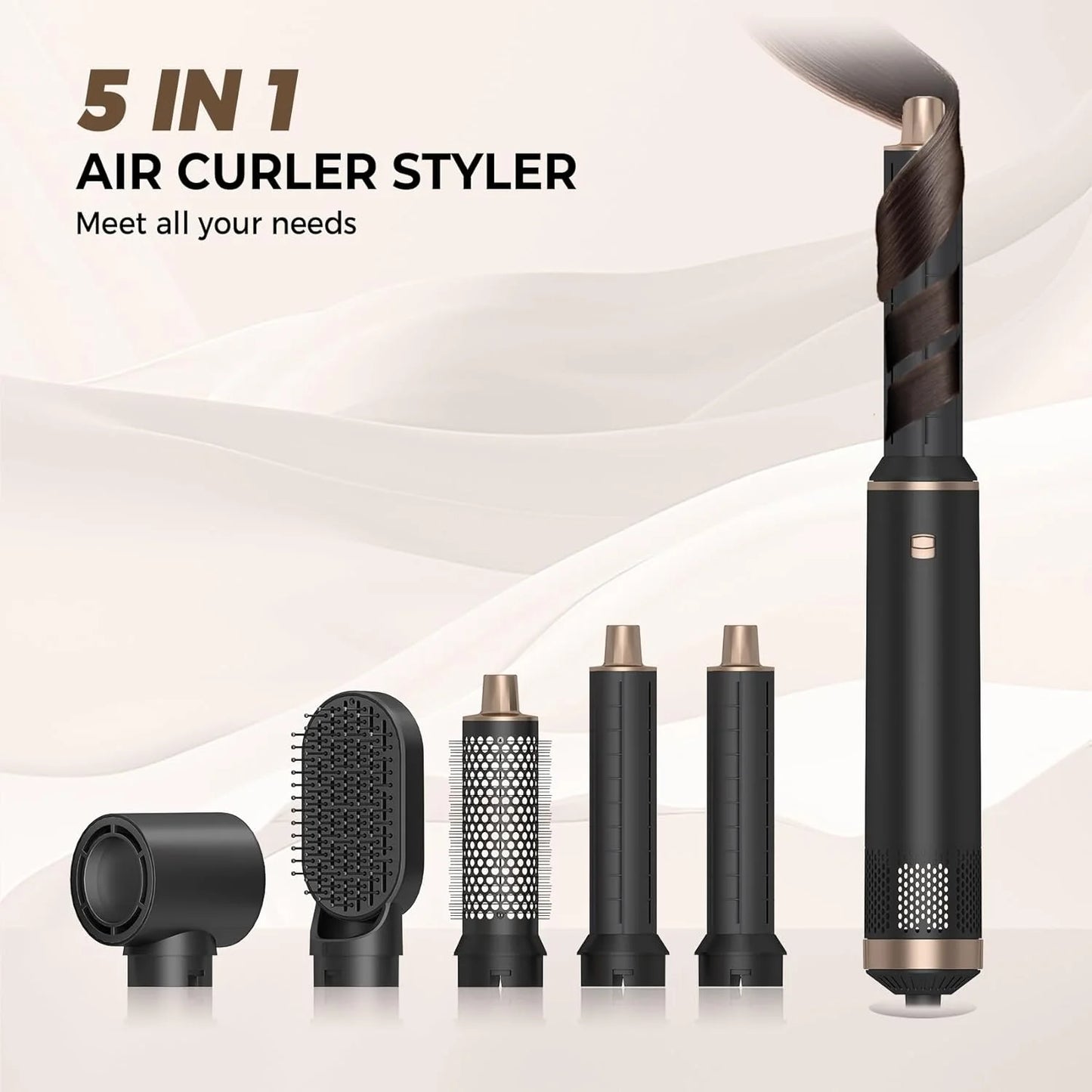 5 in 1 Hair Dryer Brush Hot Air Curling Brush Negative Ion Air Styler，Multi Function Blow Dryer Brush with Curling Wand, Straightening Brush, and Volumizing Hot Air Brush for All Hair Types