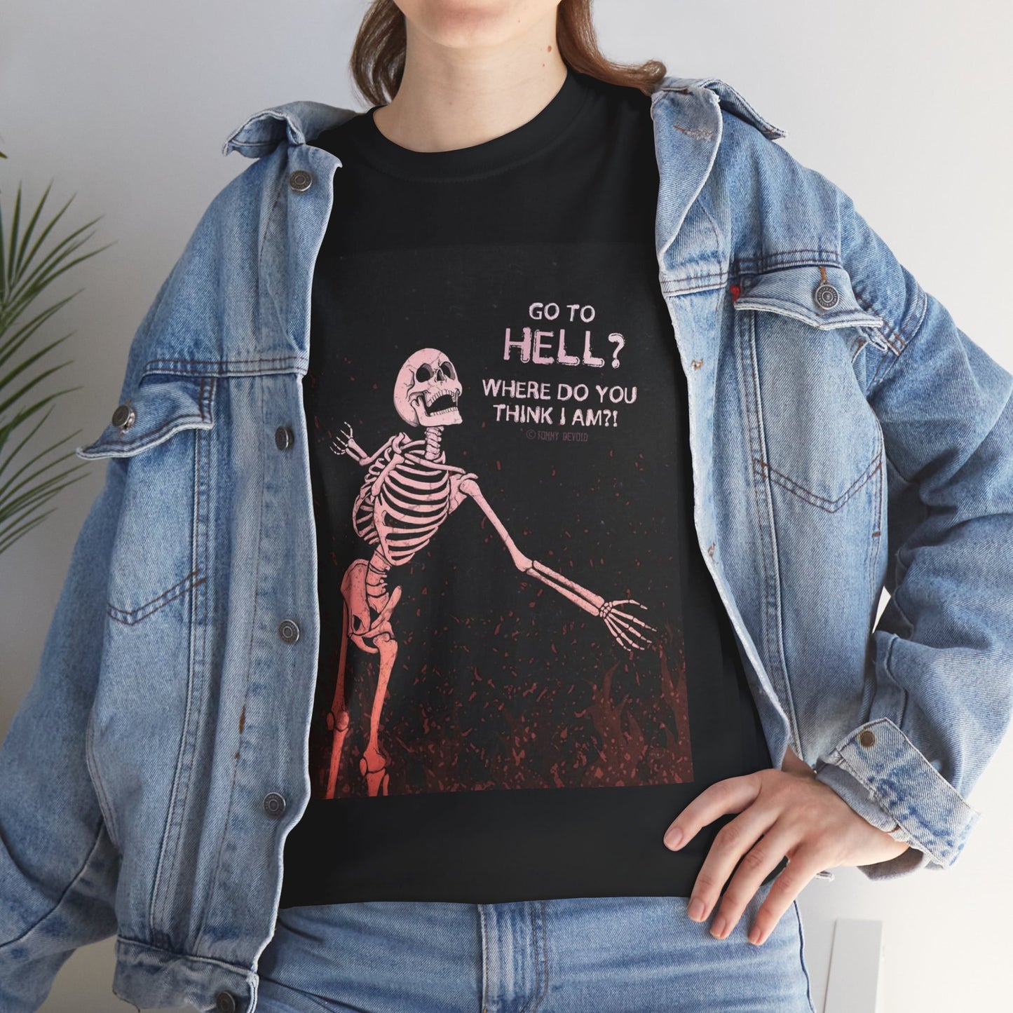 Skeleton Graphic Tee: "Go To Hell?" Unisex Heavy Cotton T-Shirt