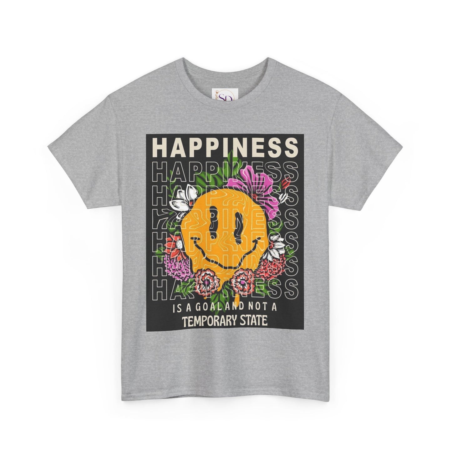 Happiness Floral Unisex Heavy Cotton Tee, Positive Vibes Shirt, Casual Wear, Gift Idea for Friends, Summer Essentials