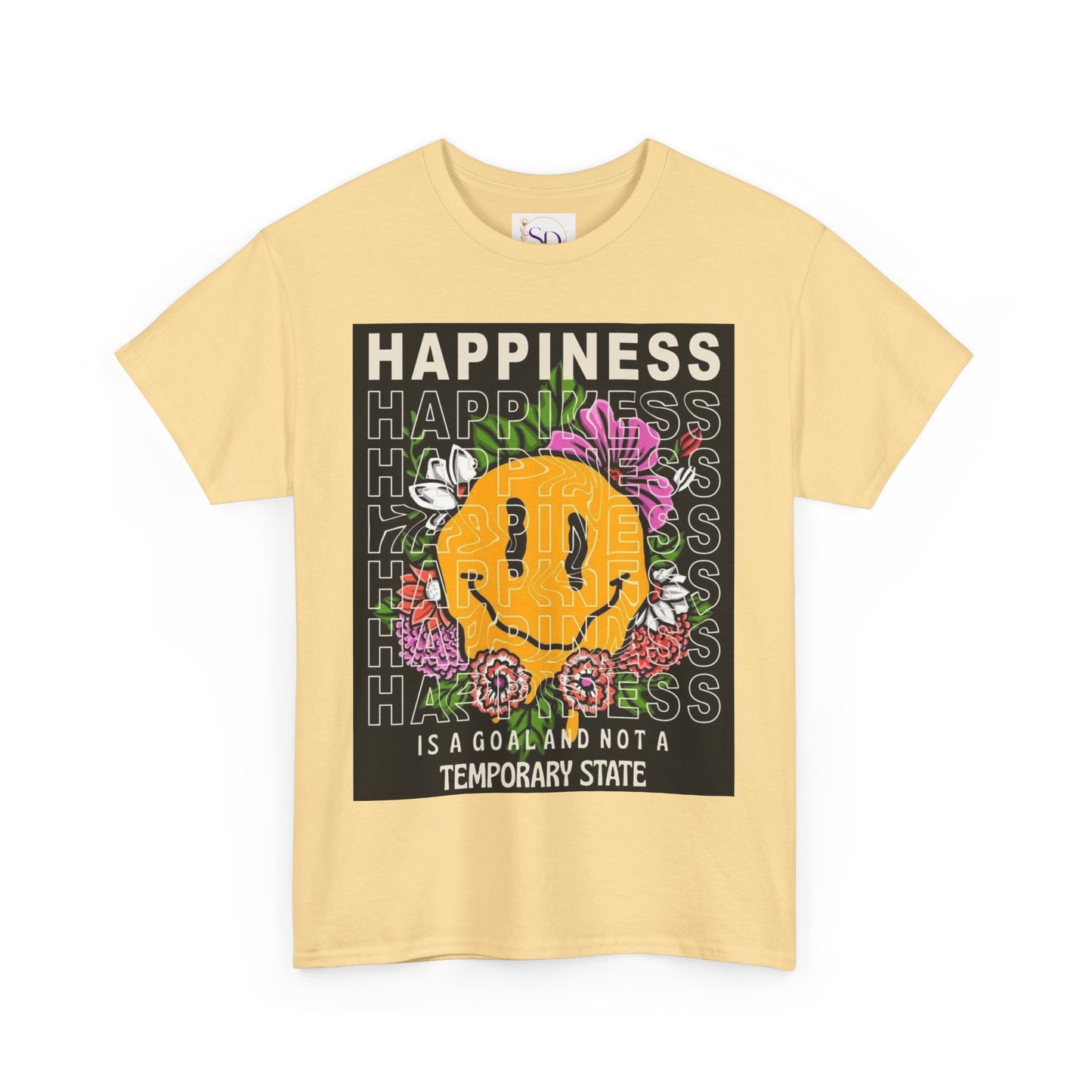 Happiness Floral Unisex Heavy Cotton Tee, Positive Vibes Shirt, Casual Wear, Gift Idea for Friends, Summer Essentials