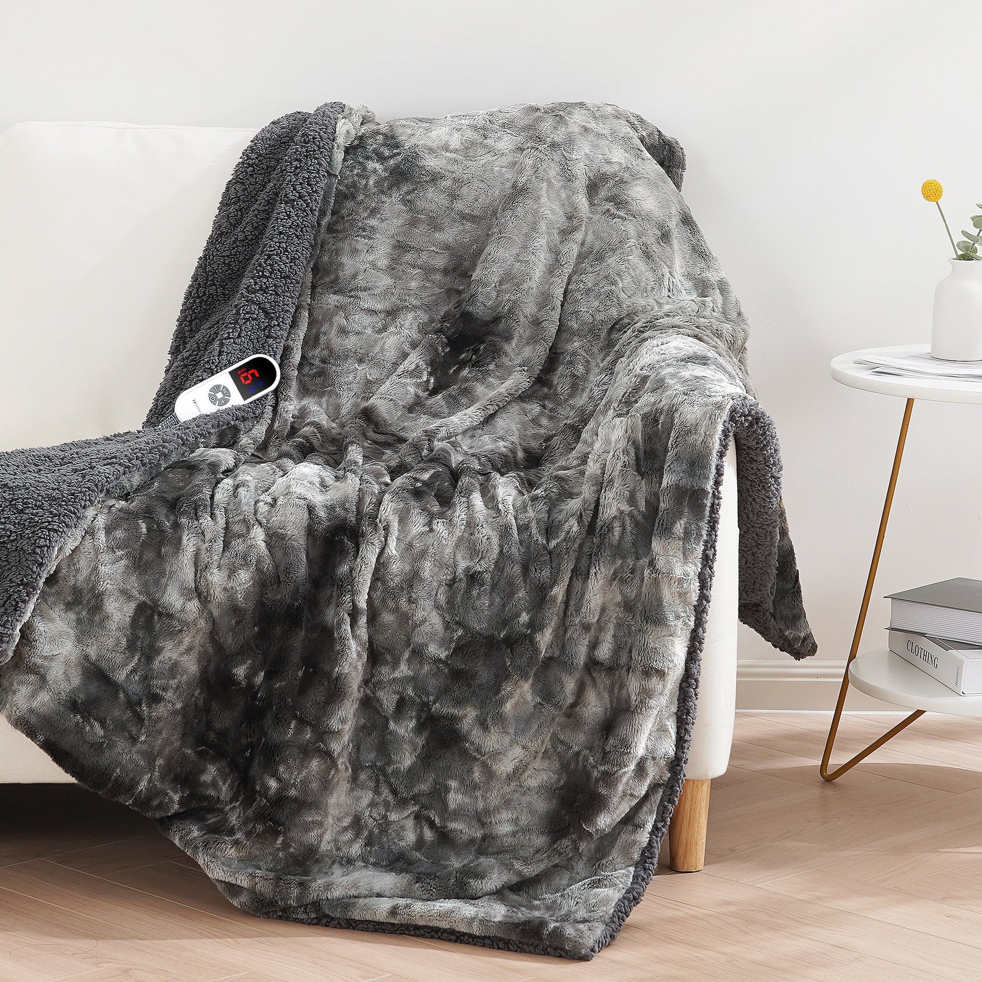 Electric Throw Blanket 50" X 60", Soft Faux Fur Heated Blanket with Large LED Display, 6 Heating Levels, 4 Hours Timer , Tie-Dye Gray
