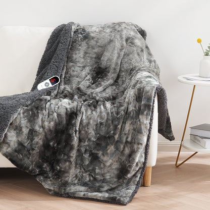 Electric Throw Blanket 50" X 60", Soft Faux Fur Heated Blanket with Large LED Display, 6 Heating Levels, 4 Hours Timer , Tie-Dye Gray
