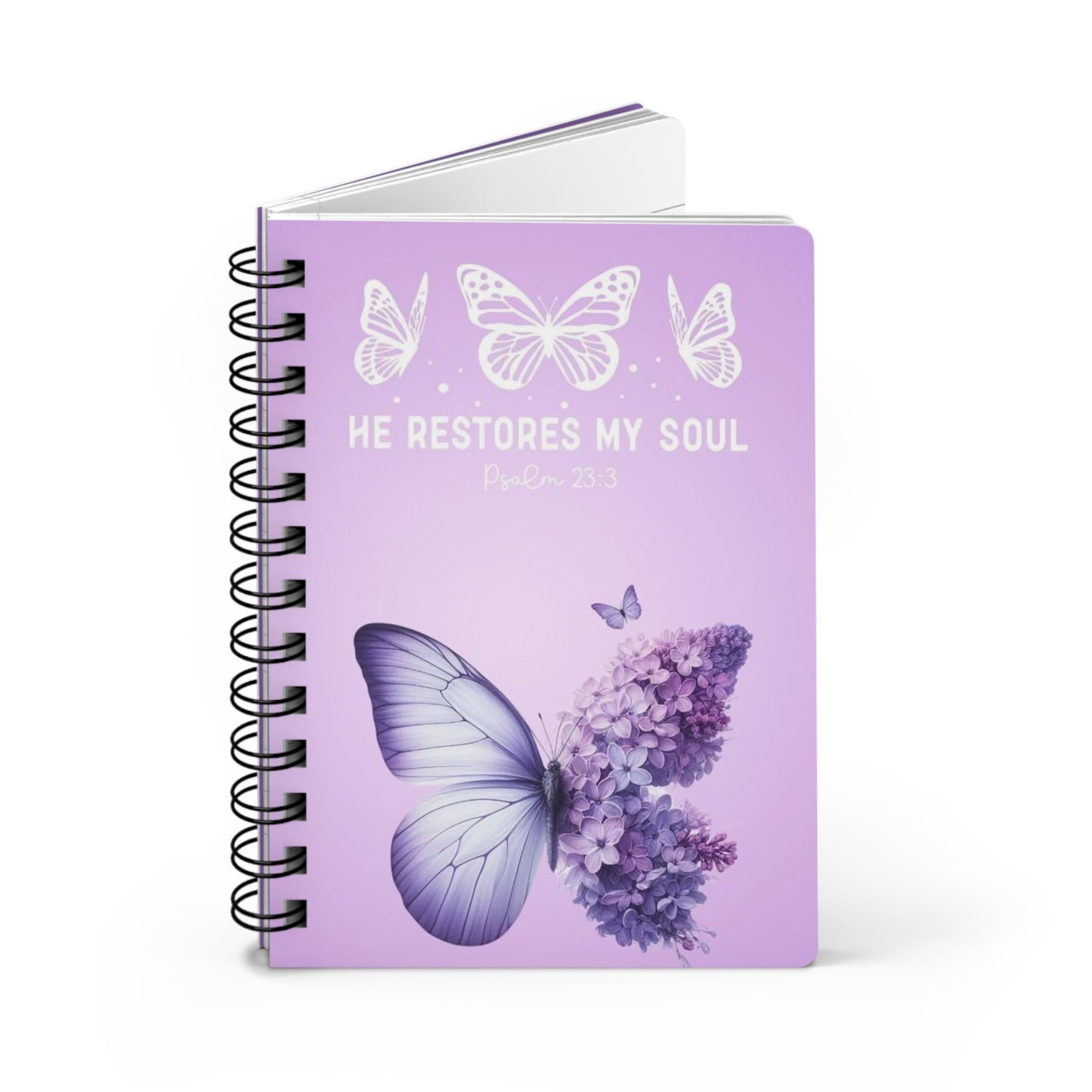 Purple 'He Restores My Soul' Spiral Bound Journal, Christian Notebook, Bible Verse Diary, Inspirational Writing Pad, Faithful Gift
