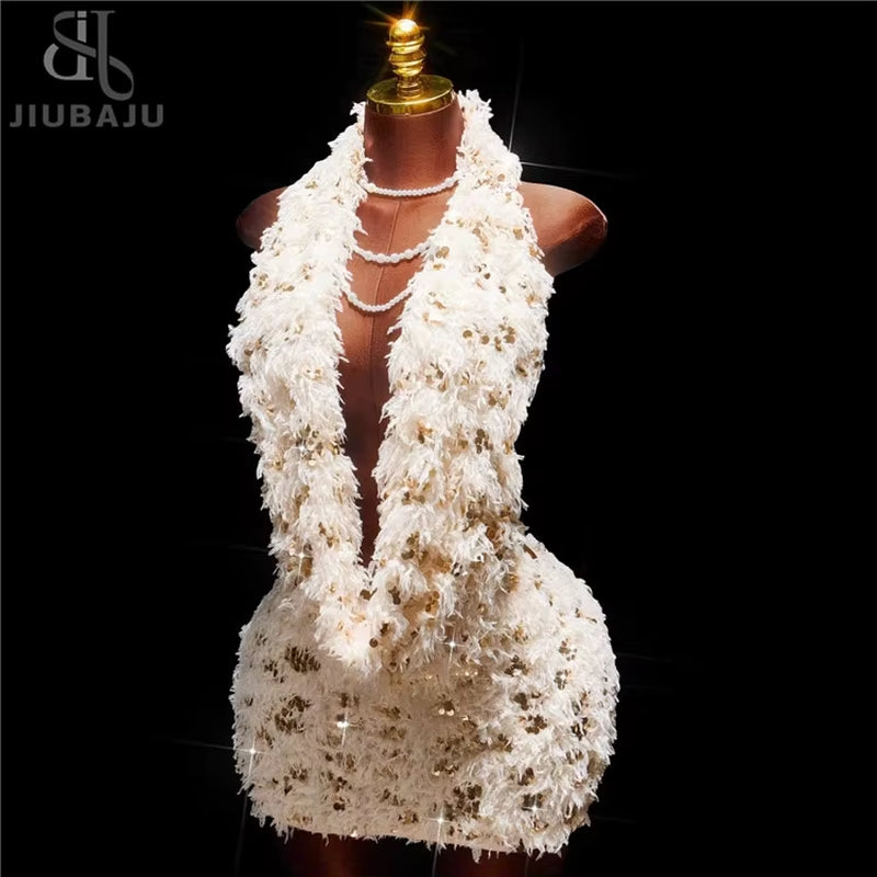 Sexy Elegant Sequin Tassel Swing Collar Backless Sleeveless E Hip Bodycon Dress