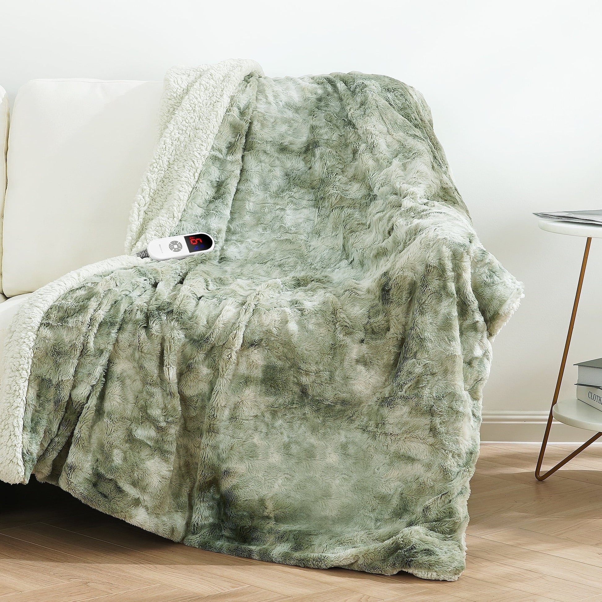 Electric Throw Blanket 50" X 60", Soft Faux Fur, Large LED Display, 6 Heating Levels, 4 Hours Timer - Tie-Dye Green