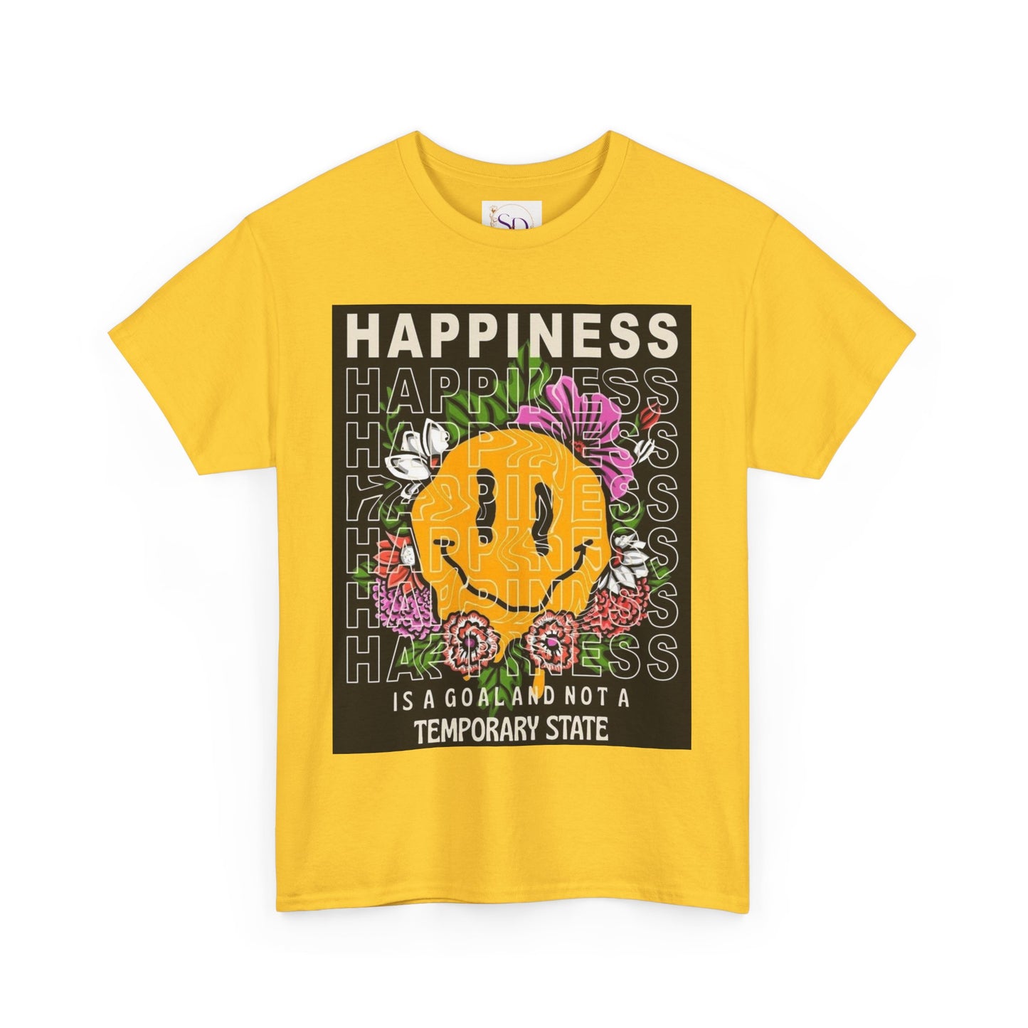 Happiness Floral Unisex Heavy Cotton Tee, Positive Vibes Shirt, Casual Wear, Gift Idea for Friends, Summer Essentials