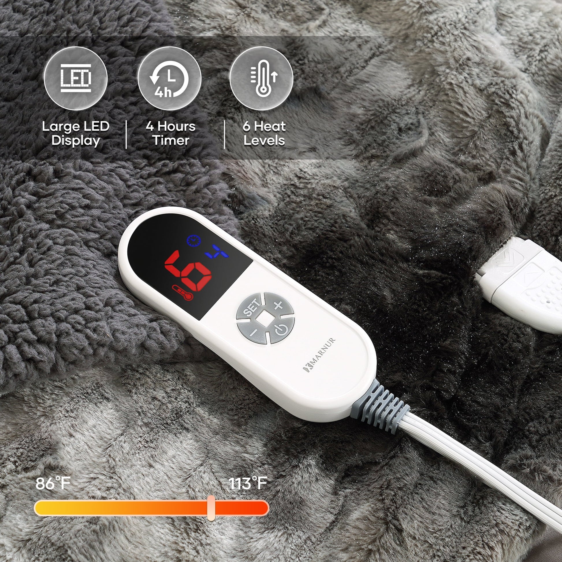 Electric Throw Blanket 50" X 60", Soft Faux Fur Heated Blanket with Large LED Display, 6 Heating Levels, 4 Hours Timer , Tie-Dye Gray