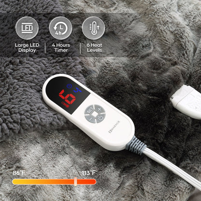 Electric Throw Blanket 50" X 60", Soft Faux Fur Heated Blanket with Large LED Display, 6 Heating Levels, 4 Hours Timer , Tie-Dye Gray