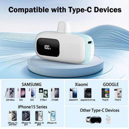 Portable Charger 5000Mah Power Bank USB-C, LCD Display Battery Pack Compatible with Iphone16/15 Series, Android, Samsung, Pixel, Blue