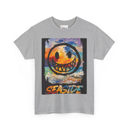 Seaside Smiley Face Tee, Unisex Heavy Cotton Tee, Vibrant Graphic Shirt, Casual Beachwear, Summer Vibes, Fun Gift Idea