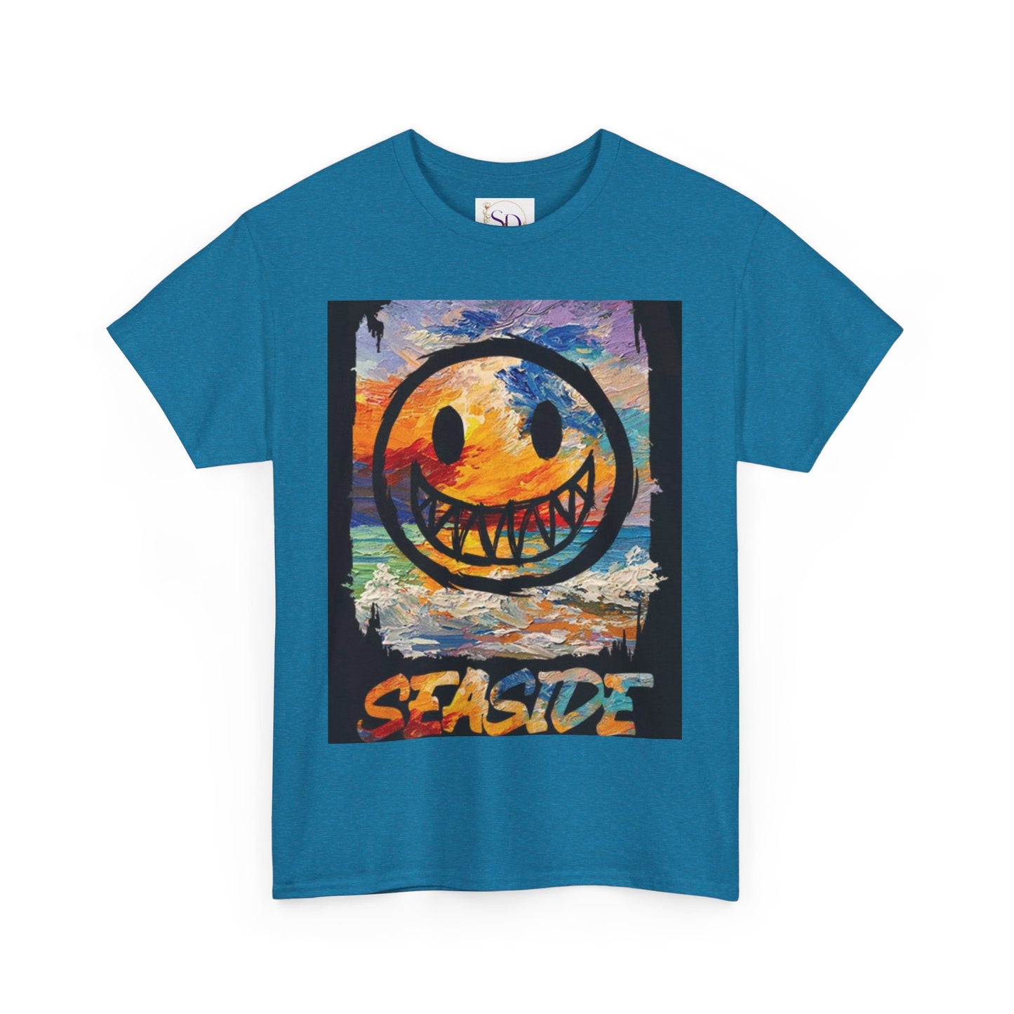 Seaside Smiley Face Tee, Unisex Heavy Cotton Tee, Vibrant Graphic Shirt, Casual Beachwear, Summer Vibes, Fun Gift Idea
