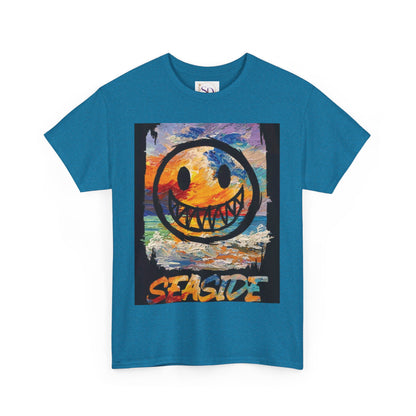 Seaside Smiley Face Tee, Unisex Heavy Cotton Tee, Vibrant Graphic Shirt, Casual Beachwear, Summer Vibes, Fun Gift Idea