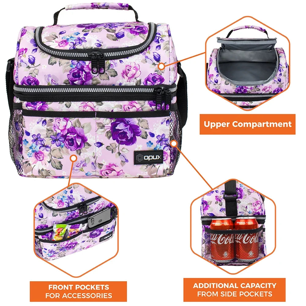 Lunch Box for Women, Insulated Large Lunch Bag Adult Work, Double Decker Lunchbox Meal Prep, Dual Compartment Leakproof Lunch Cooler, Soft Lunch Pail Tote for Girls Kids School, Floral Purple