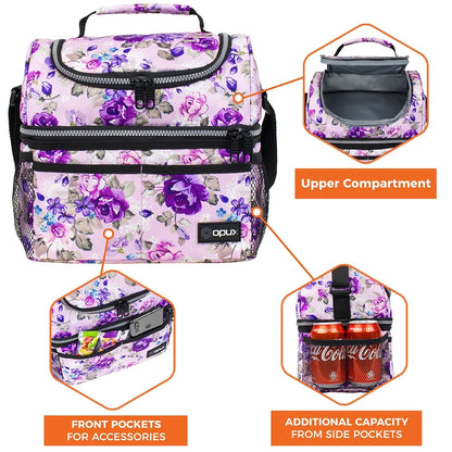 Lunch Box for Women, Insulated Large Lunch Bag Adult Work, Double Decker Lunchbox Meal Prep, Dual Compartment Leakproof Lunch Cooler, Soft Lunch Pail Tote for Girls Kids School, Floral Purple