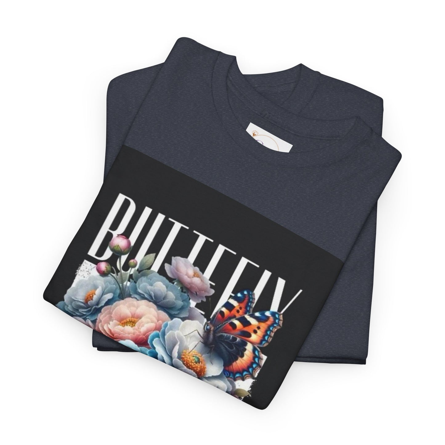 Butterfly Blooms Heavy Cotton Tee - Floral Graphic Shirt, Unisex Gift for Nature Lovers, Birthday, Everyday Wear, Casual Style