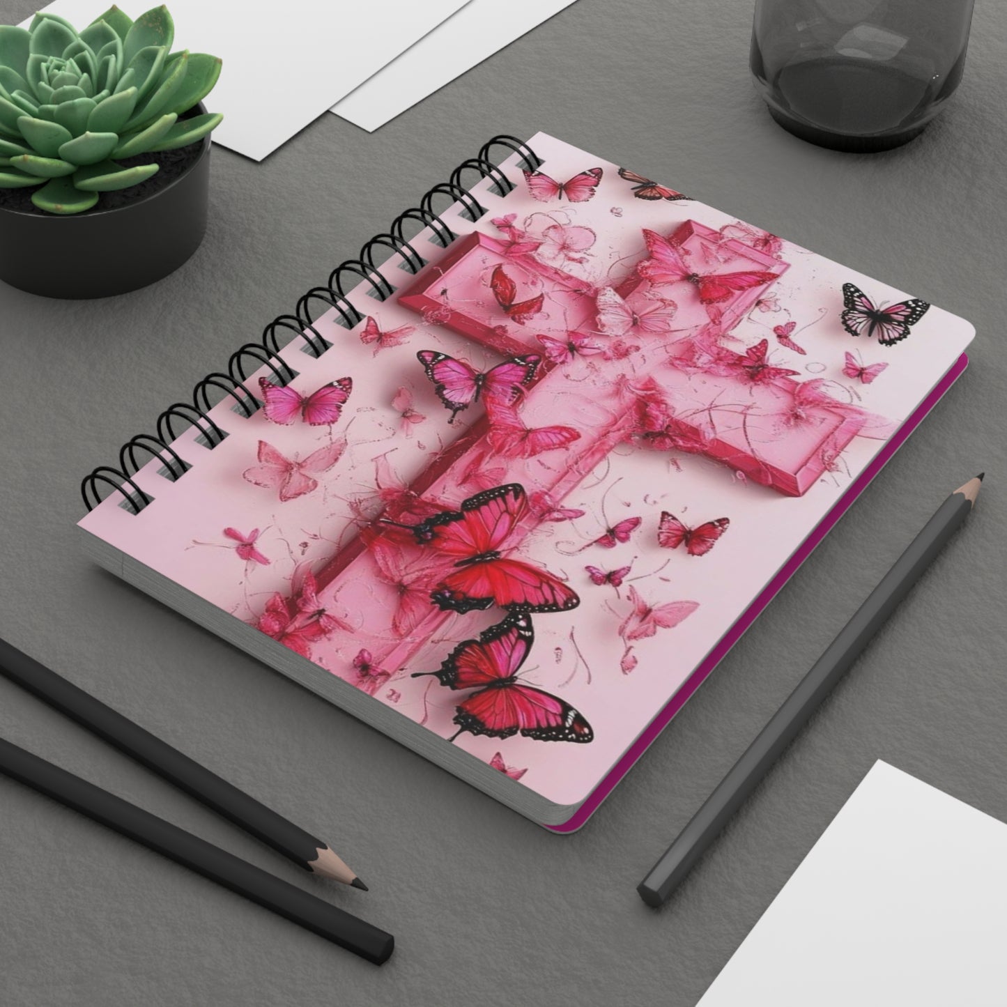 Elegant Butterfly Cross Journal, Spiral Bound Notebook for Women, Inspirational Writing, Floral Gift, Art Journal, Pink Christian Theme