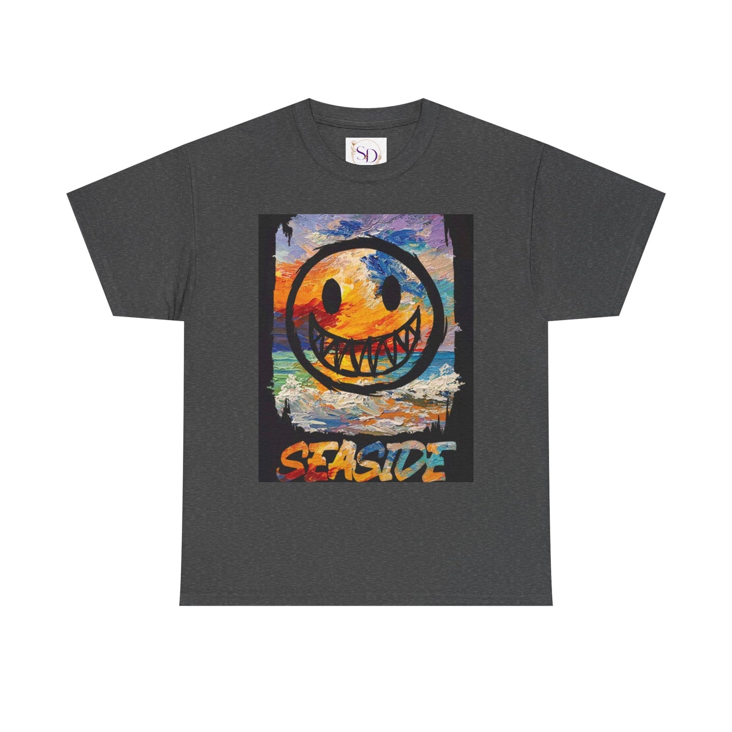 Seaside Smiley Face Tee, Unisex Heavy Cotton Tee, Vibrant Graphic Shirt, Casual Beachwear, Summer Vibes, Fun Gift Idea