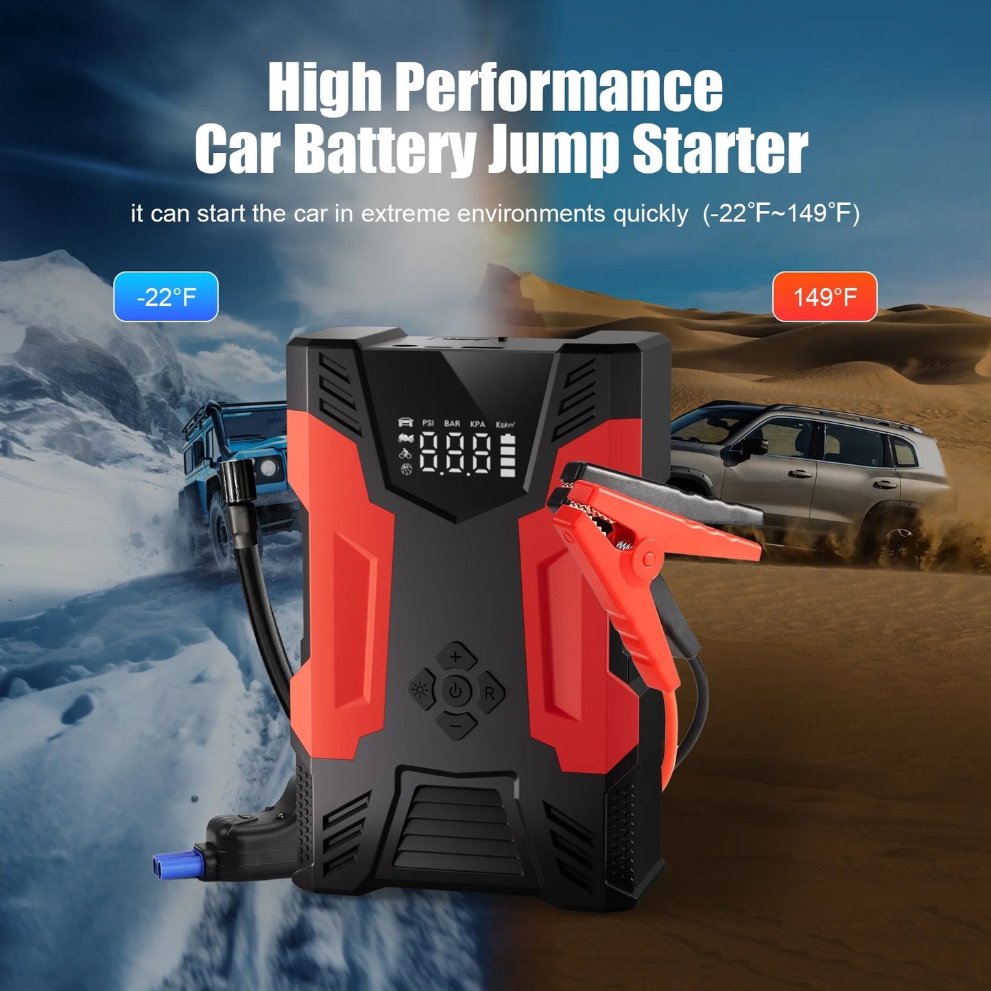 Car Jump Starter, 4000A Peak 30000Mah 150PSI Tire Inflator Digital Display LED Light