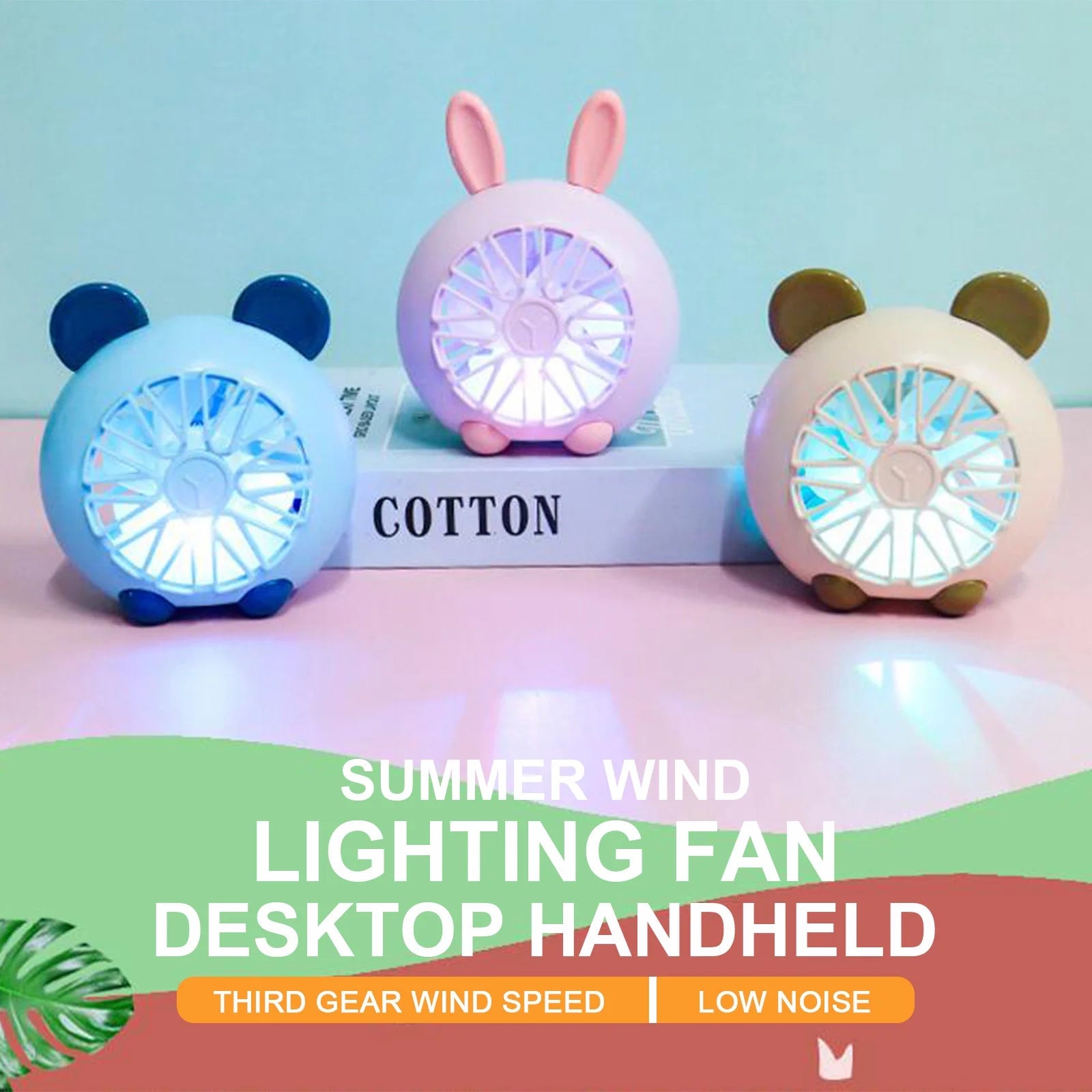 Portable Fan Desk Fan Small Fan Mini Fan Cartoon Animal Desktop Mini Fan with Light Outdoor Summer Cool Usb Charging Fan