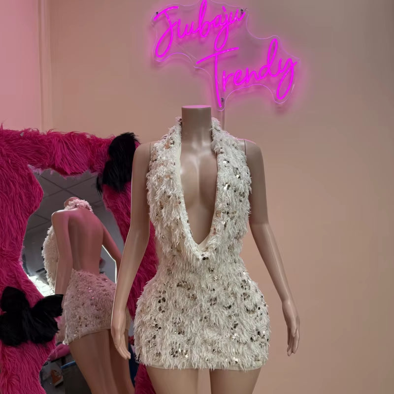 Sexy Elegant Sequin Tassel Swing Collar Backless Sleeveless E Hip Bodycon Dress