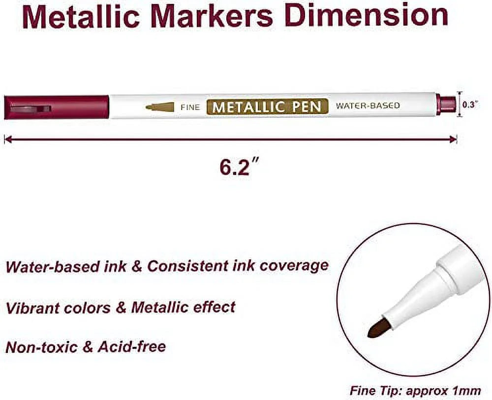 18 Pack Metallic Marker Pens,  16 Colors Fine Tip Paint Pens with 2 Stencils for DIY Craft Photo Album Rock Art Painting Card Making Glass Wood
