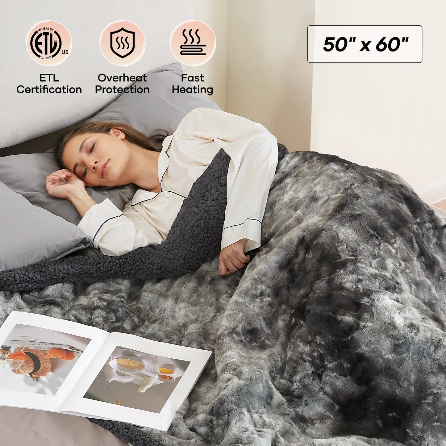 Electric Throw Blanket 50" X 60", Soft Faux Fur Heated Blanket with Large LED Display, 6 Heating Levels, 4 Hours Timer , Tie-Dye Gray
