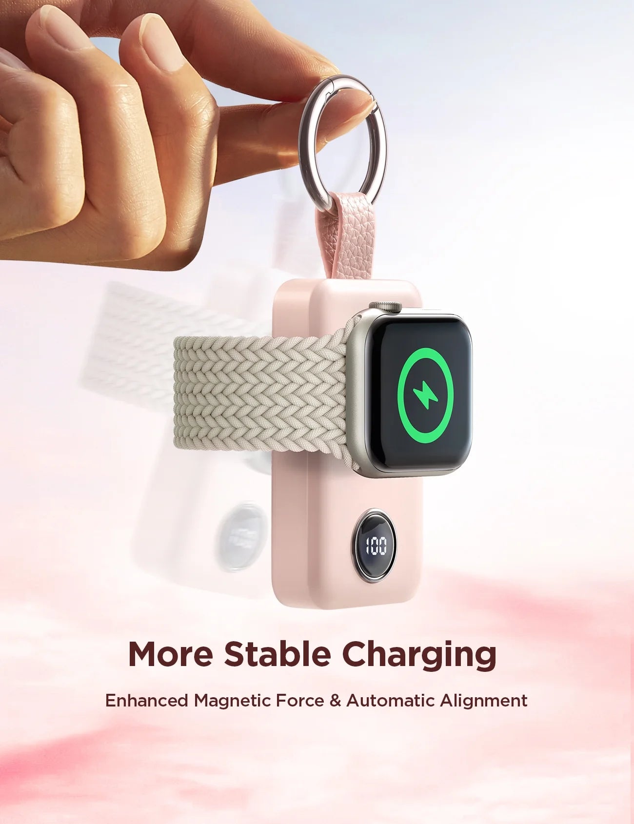 Portable Charger for Apple Watch, 2000Mah Magnetic Wireless Power Bank Fast Charger Keychain, Compatible for Iwatch Series 10/9/8/7/6/5/Se/4/3/2/Ultra 2, Pink