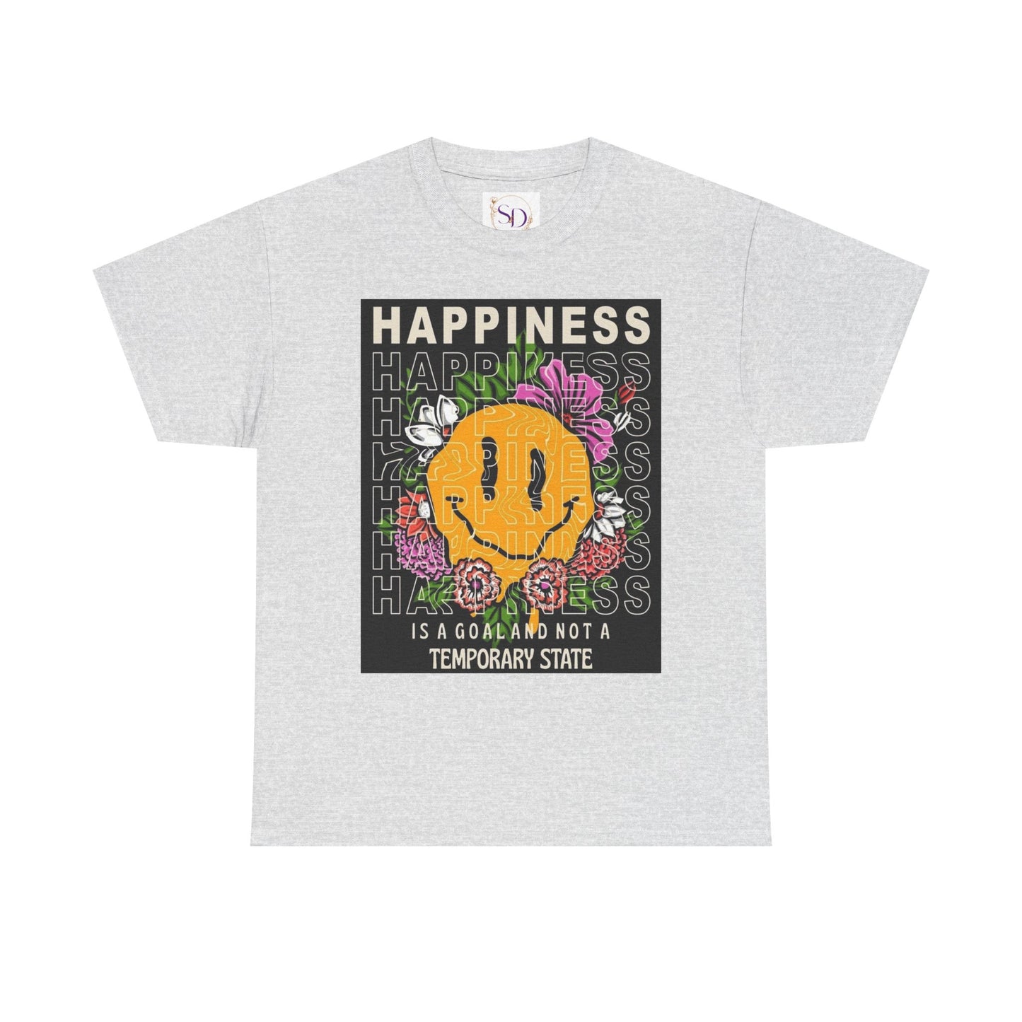Happiness Floral Unisex Heavy Cotton Tee, Positive Vibes Shirt, Casual Wear, Gift Idea for Friends, Summer Essentials