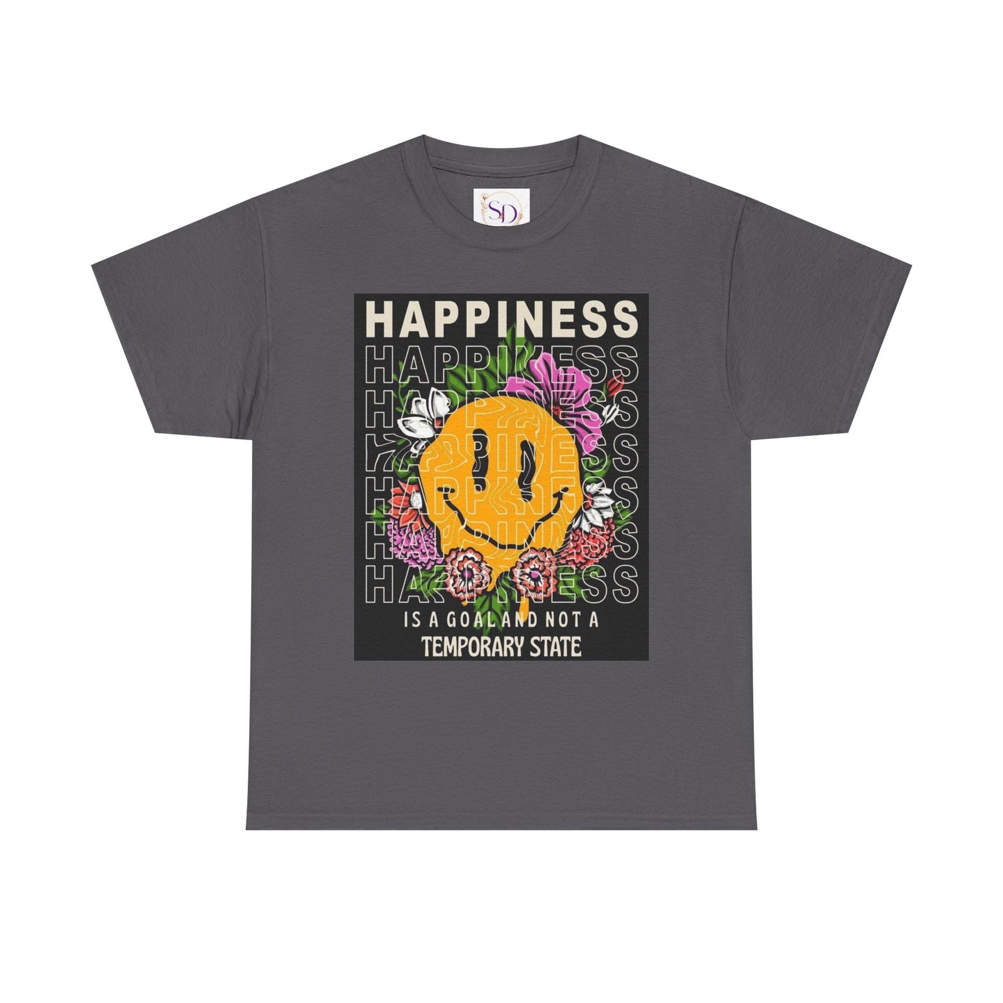 Happiness Floral Unisex Heavy Cotton Tee, Positive Vibes Shirt, Casual Wear, Gift Idea for Friends, Summer Essentials