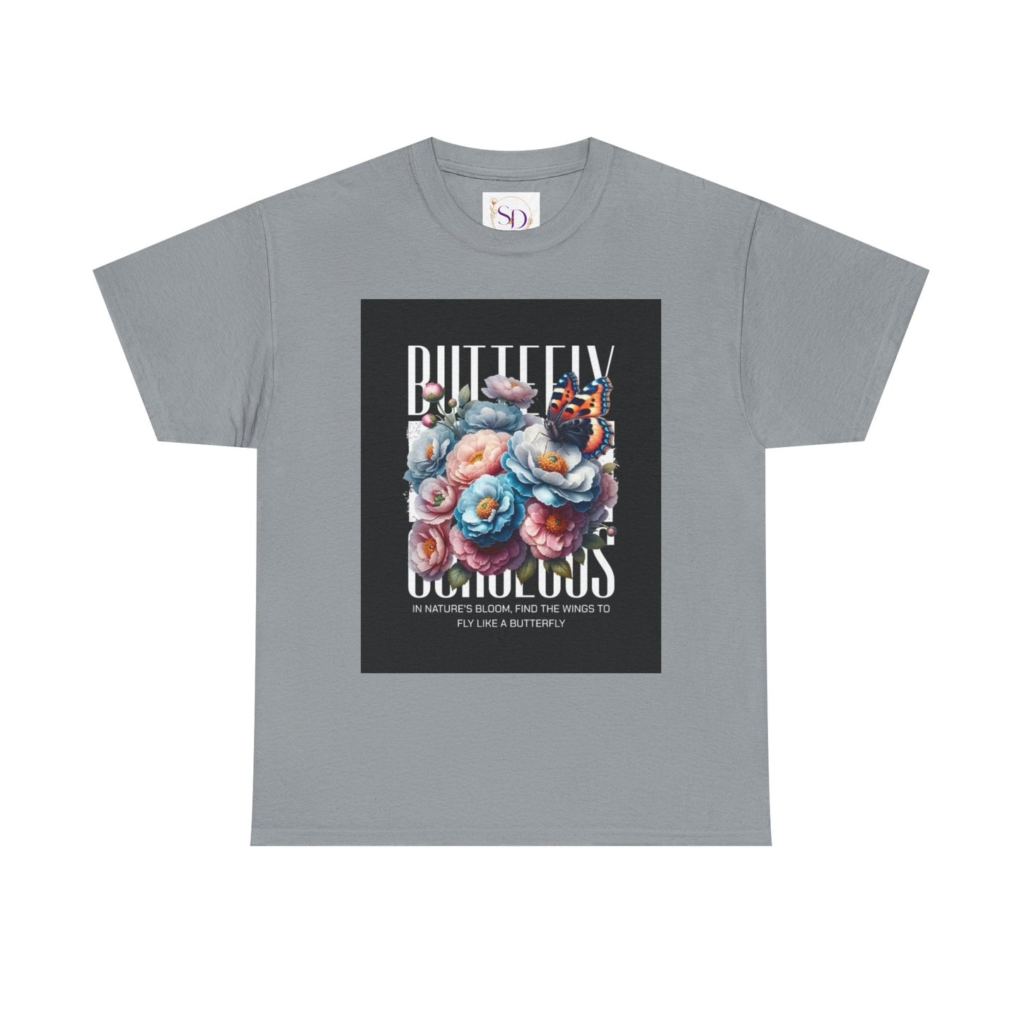 Butterfly Blooms Heavy Cotton Tee - Floral Graphic Shirt, Unisex Gift for Nature Lovers, Birthday, Everyday Wear, Casual Style