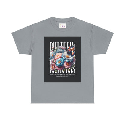 Butterfly Blooms Heavy Cotton Tee - Floral Graphic Shirt, Unisex Gift for Nature Lovers, Birthday, Everyday Wear, Casual Style