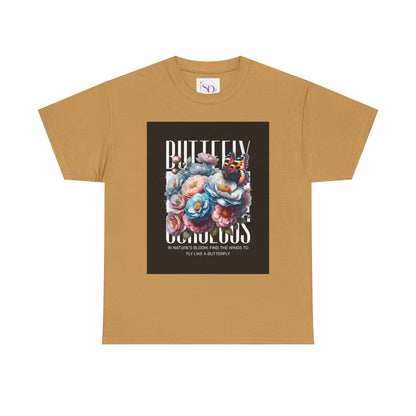 Butterfly Blooms Heavy Cotton Tee - Floral Graphic Shirt, Unisex Gift for Nature Lovers, Birthday, Everyday Wear, Casual Style