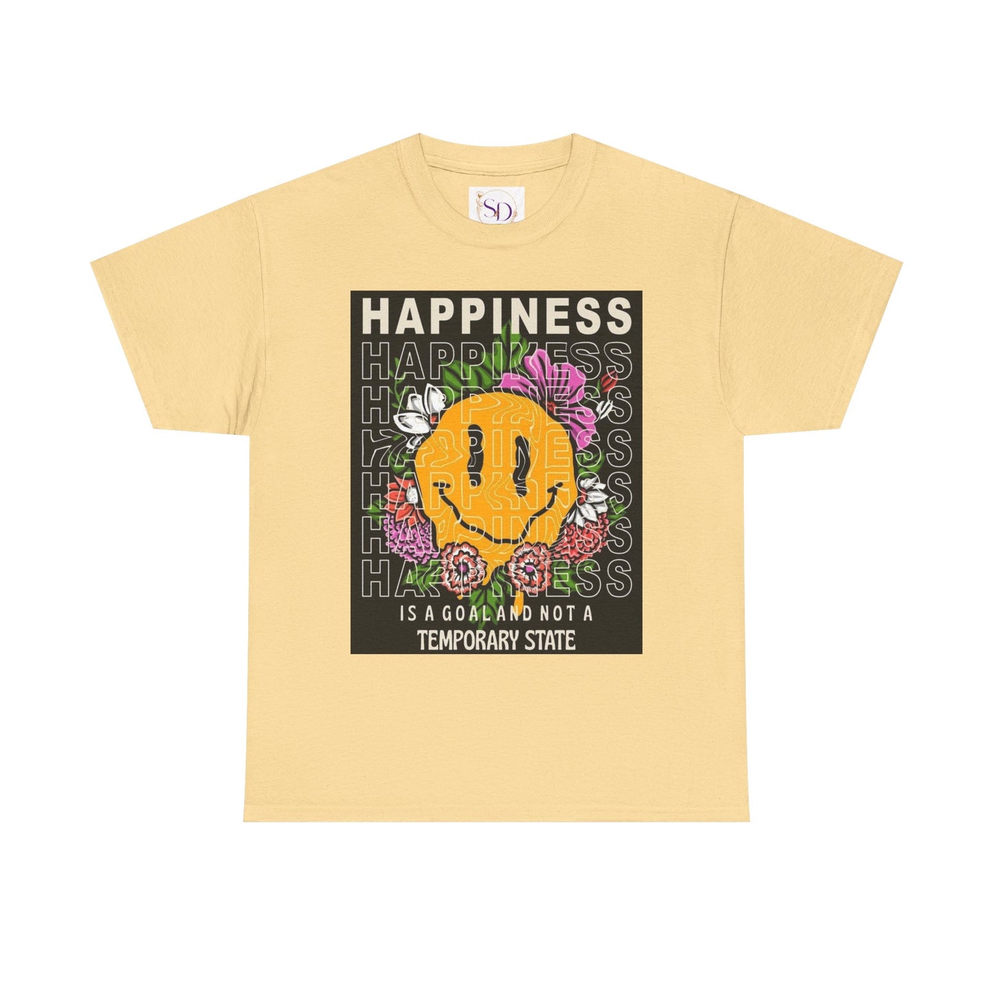 Happiness Floral Unisex Heavy Cotton Tee, Positive Vibes Shirt, Casual Wear, Gift Idea for Friends, Summer Essentials