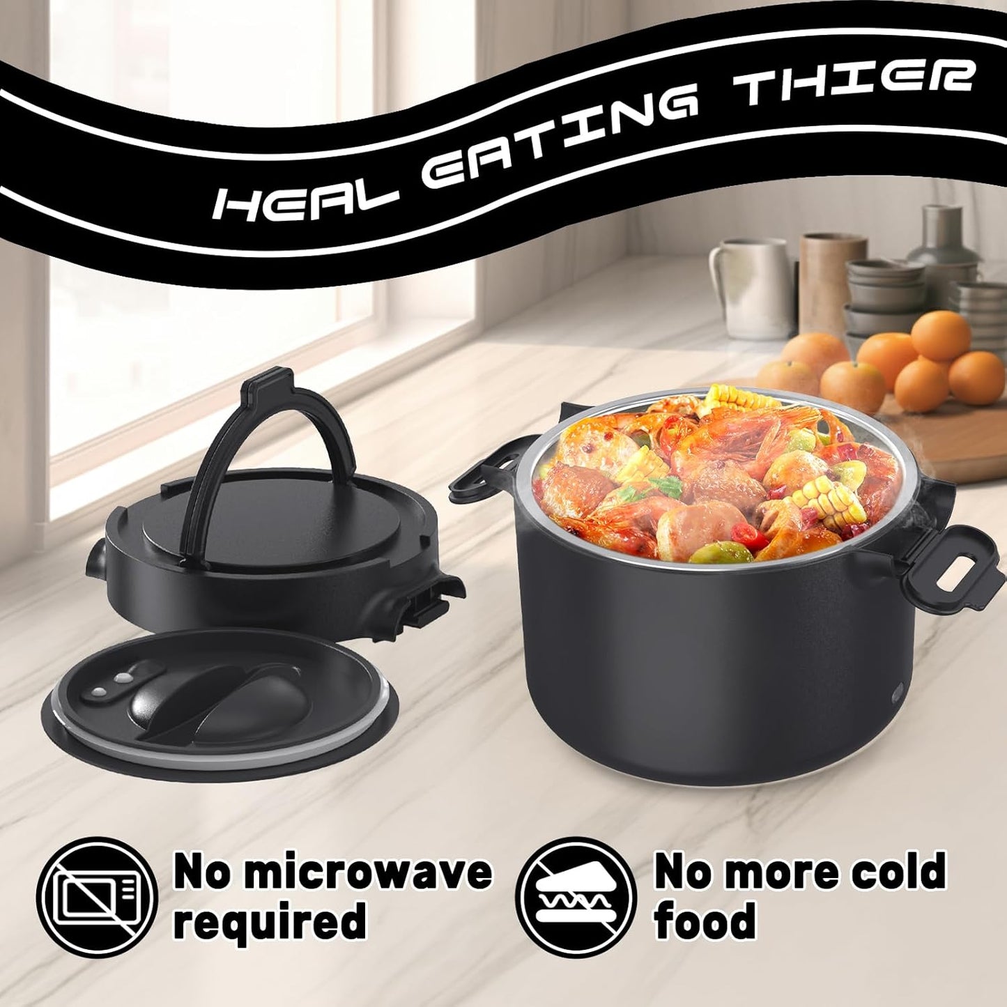 Electric Lunch Box Food Warmer: 100W Heated Lunch Box for Adults, 33Oz Portable Fast Heating Lunchbox Food Heater for Car, Truck, Work, Travel, 12/24V/110V (Crow Black)