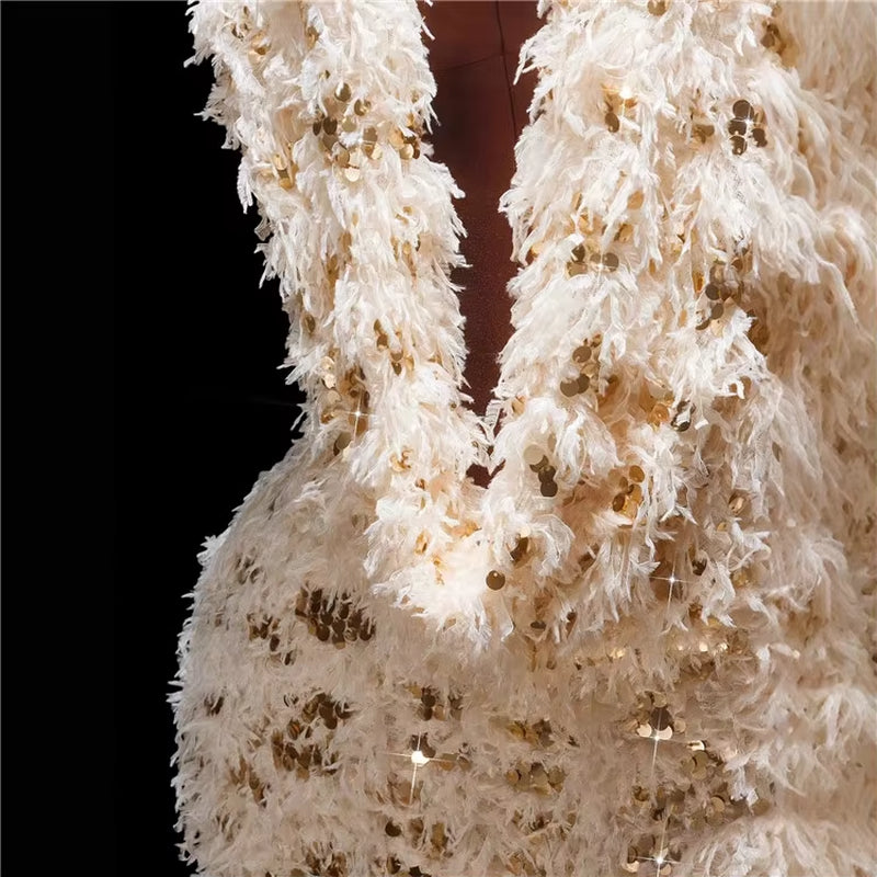 Sexy Elegant Sequin Tassel Swing Collar Backless Sleeveless E Hip Bodycon Dress